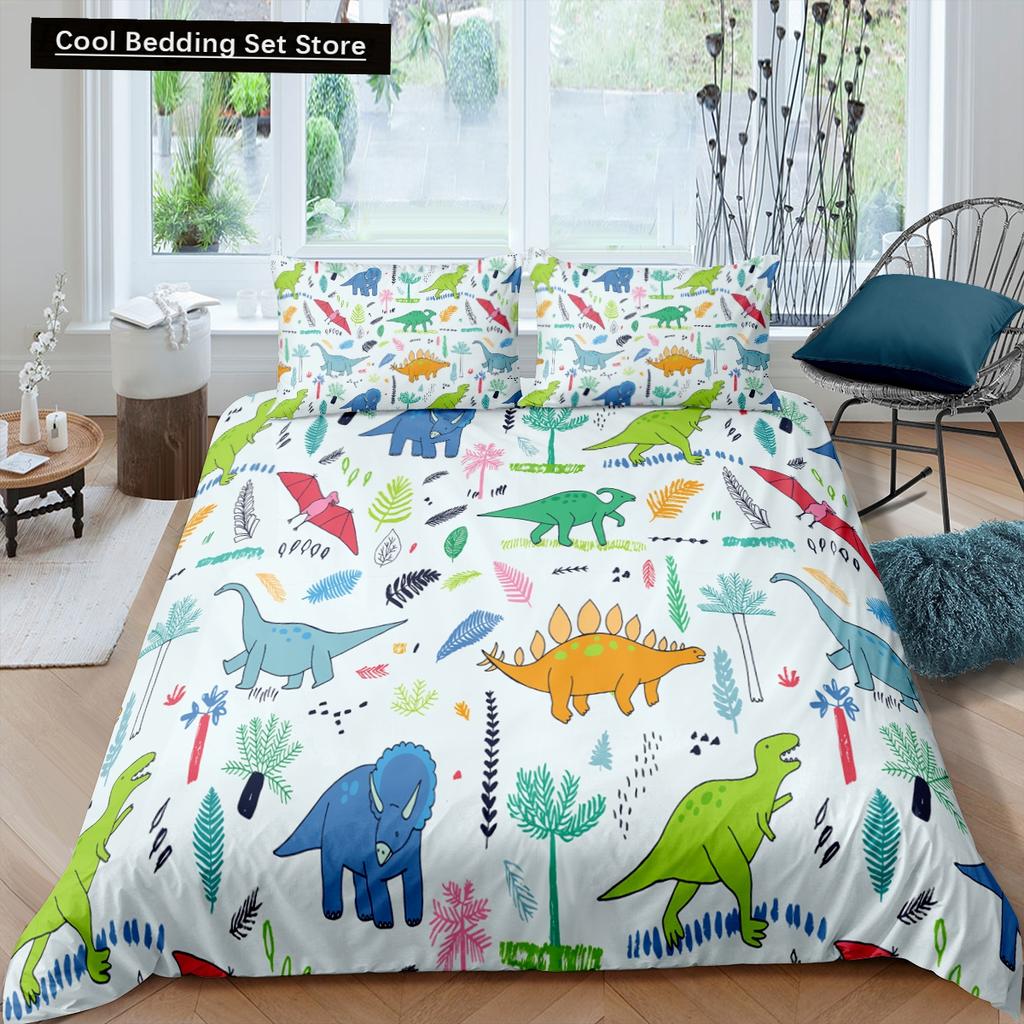 Cartoon Dinosaur Duvet Cover King Queen Kids Jurassic World Stegosaurus Tyrannosaurus Bedding Set 2/3pcs Polyester Quilt Cover