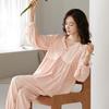 Damen Lycra Baumwoll Pyjama Set: Herbst Langarm V-Ausschnitt Top & Hose, Einfarbig, Lässige Hauskleidung