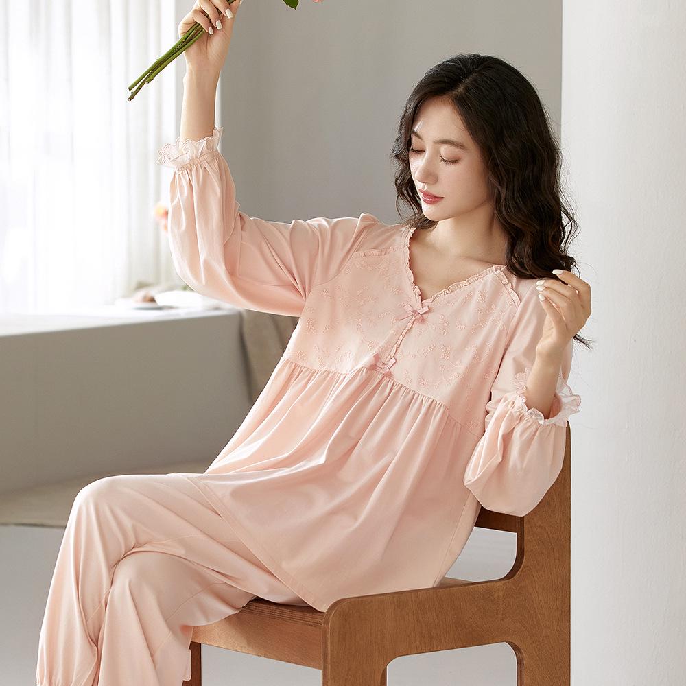 Damen Lycra Baumwoll Pyjama Set: Herbst Langarm V-Ausschnitt Top & Hose, Einfarbig, Lässige Hauskleidung