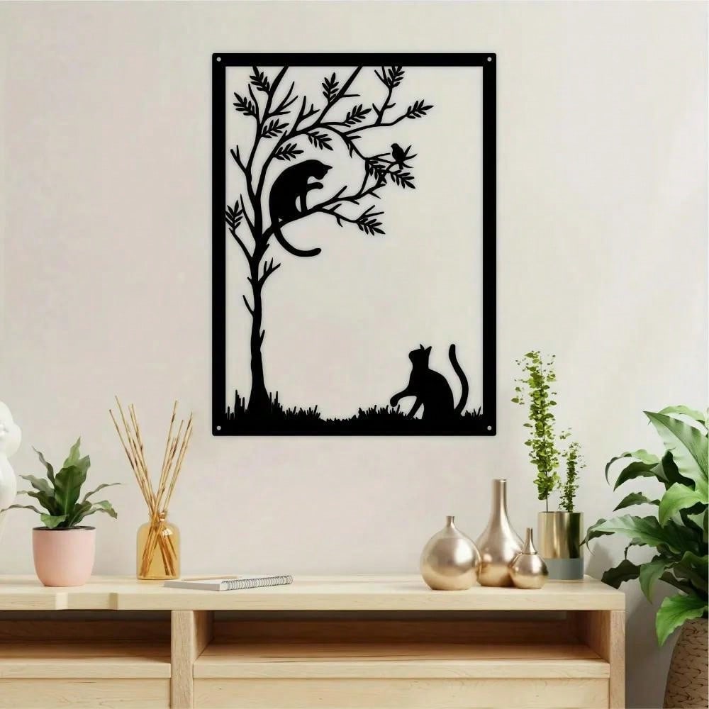 Modern Cat Silhouette Metal Wall Art Black White Branch Design Indoor Outdoor Decor Pet Lovers Gift