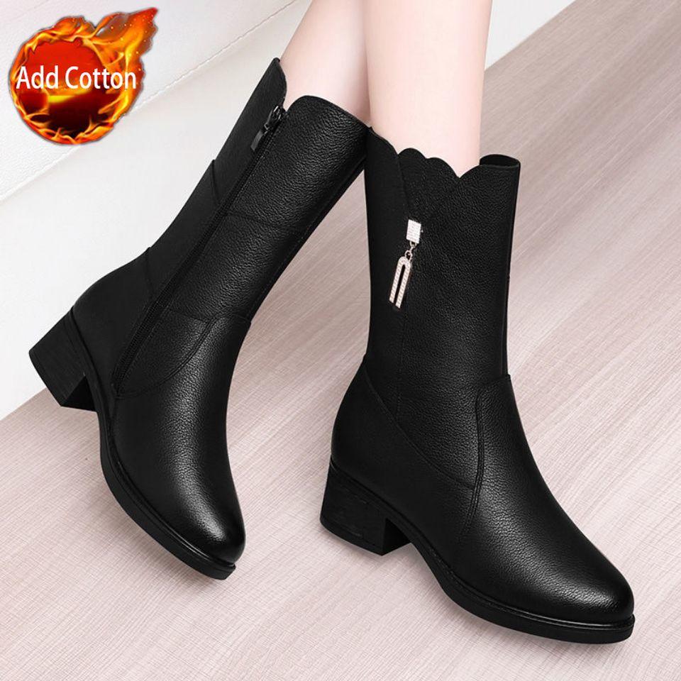 

Fashion Autumn Winter Middle Heel Warm Round Toe Ladies Mid Calf Shoes Leather Rhinestone Women s Half High Boots Trend 2025 Pu Footwear 35
