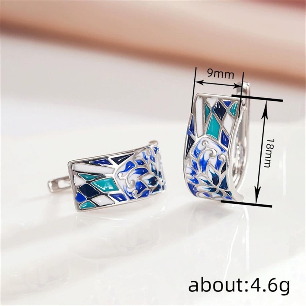 Luxuriöse, weiß-blaue Emaille-Creolen im Vintage-Stil für Damen, silberfarben, perfekt für Hochzeiten.