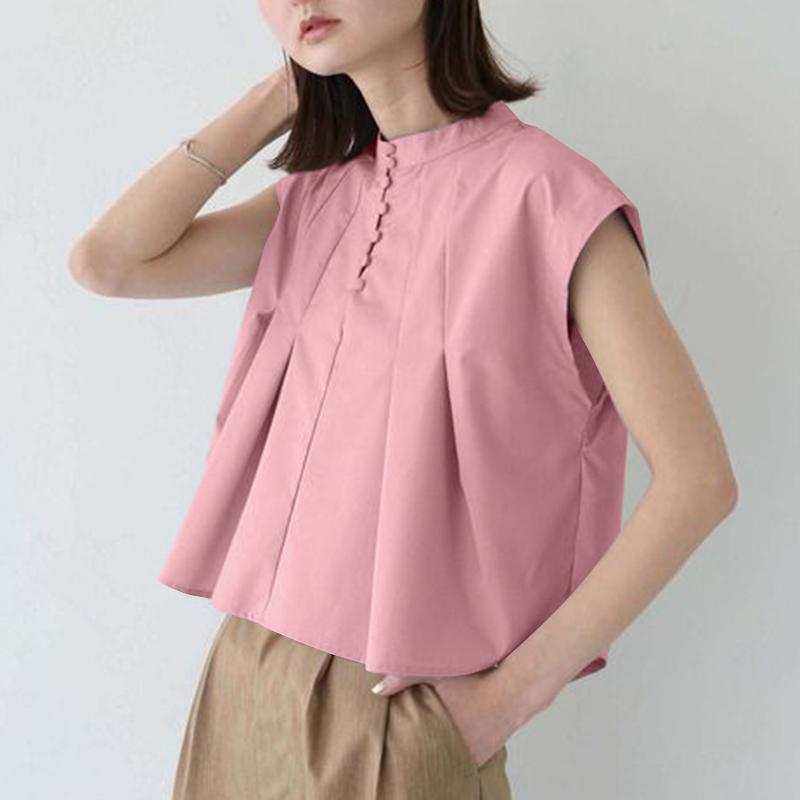 VONDA Women Summer Stand Collar Sleeveless Button Blouses