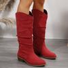 Damen Herbst/Winter Neu Übergröße Runde Zehenpartie Unifarben Ärmel Langstiefel Plissiertes Wildleder Martin-Stiefel