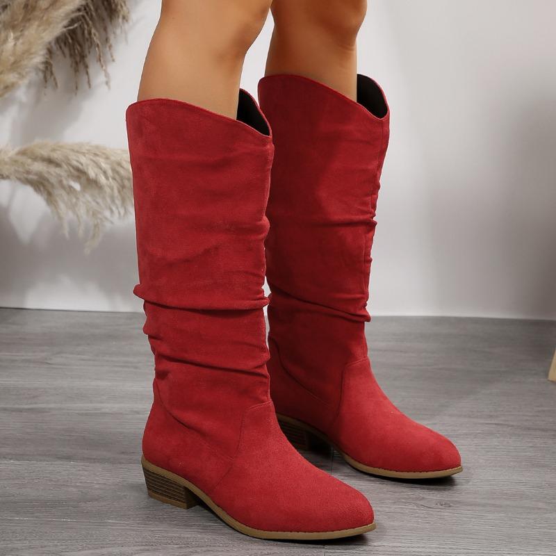 Damen Herbst/Winter Neu Übergröße Runde Zehenpartie Unifarben Ärmel Langstiefel Plissiertes Wildleder Martin-Stiefel