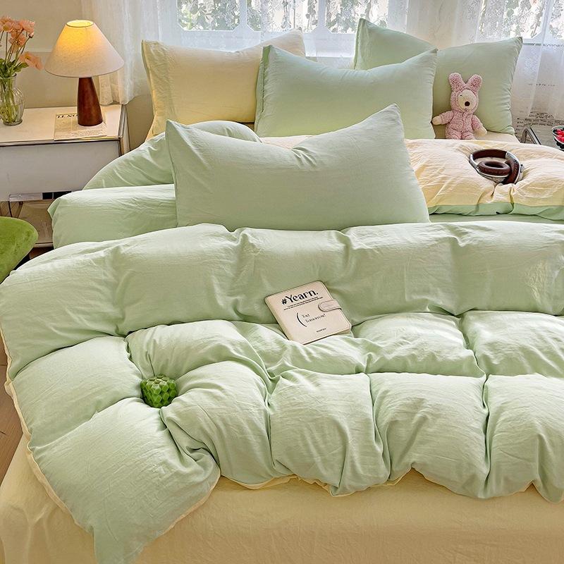 Super Soft Bed 4Pcs Set, Pure Washed Cotton Quilt Cover, Bed Sheet Full Quilt Cover, Bed Hat Student Three 4-Piece Set