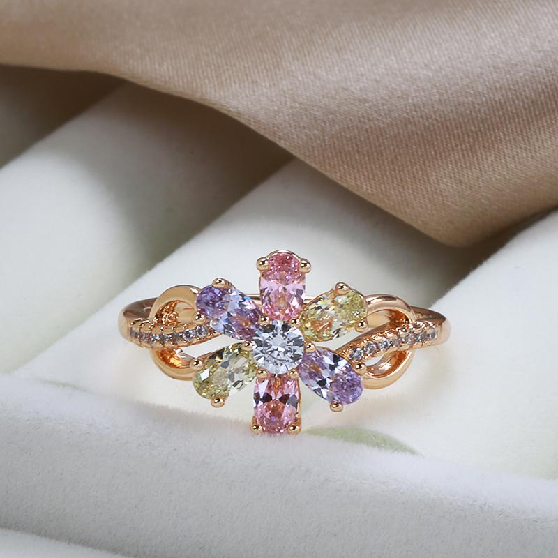 New  Rose Gold Flower Ring For Women Fashion Colorful Natural Zircon Rings Fine Bride Wedding Jewelry Crystal Gift