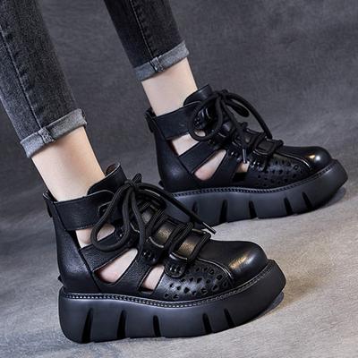 Thick Soled Hollow Hole Sandals Women's Sponge Cake Shoes 2024 Summer New Retro Covered Toe Roman Sandal Fashion Cool Boots