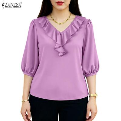 Women Ruffles V-Neck Solid Color Loose 3/4 Sleeve Blouse