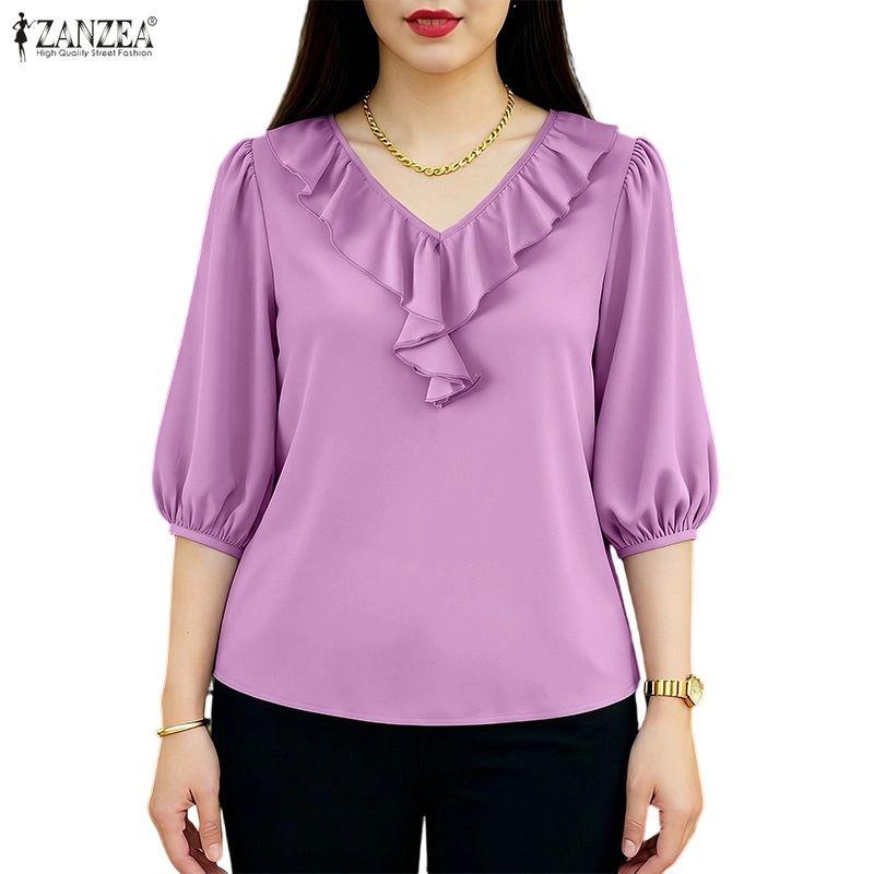 ZANZEA Women Ruffles V-Neck Solid Color Loose 3/4 Sleeve Blouse