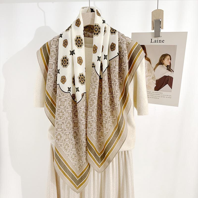 Spring and Summer Fashionable and Fashionable Women's Geometric Floral Printed Silk Scarf for Women's High-end Temperament Herringbone Square Scarf