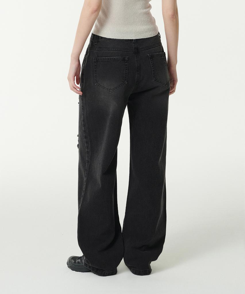 MUSINSA STANDARD WOMAN Women'S Multi Distressed Wide Denim Pants [Washed Black]