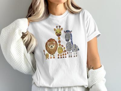 Fingerprint Animals T-Shirt, Lion Zebra Giraffe Art, Wildlife Tee