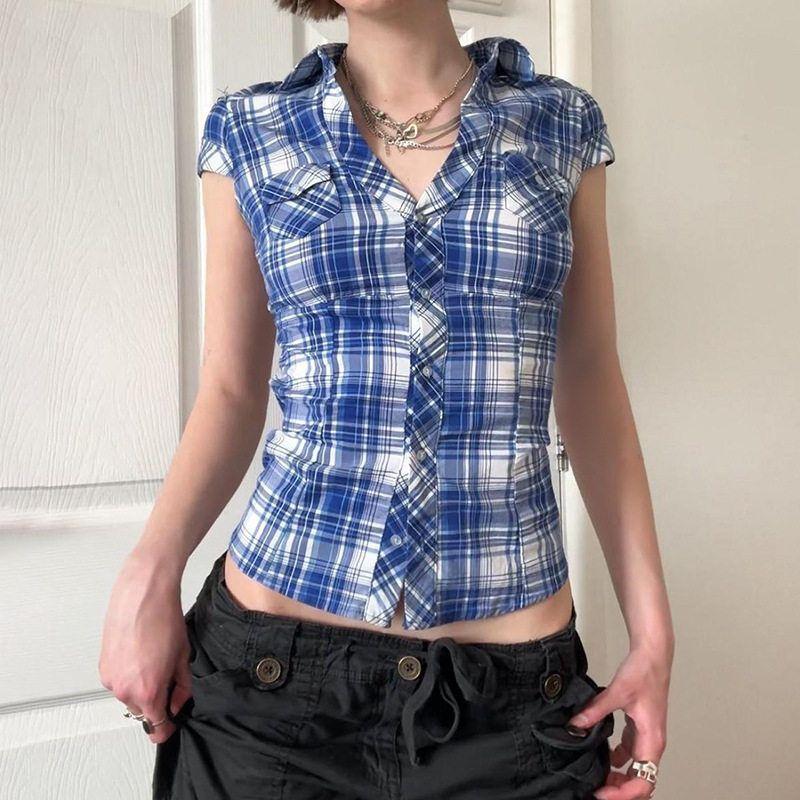 European and American Cross-Border Retro Blue and White Plaid Short-Sleeve Shirt with Buttoned Collar and American-Style Waist-Cinching Short Top
