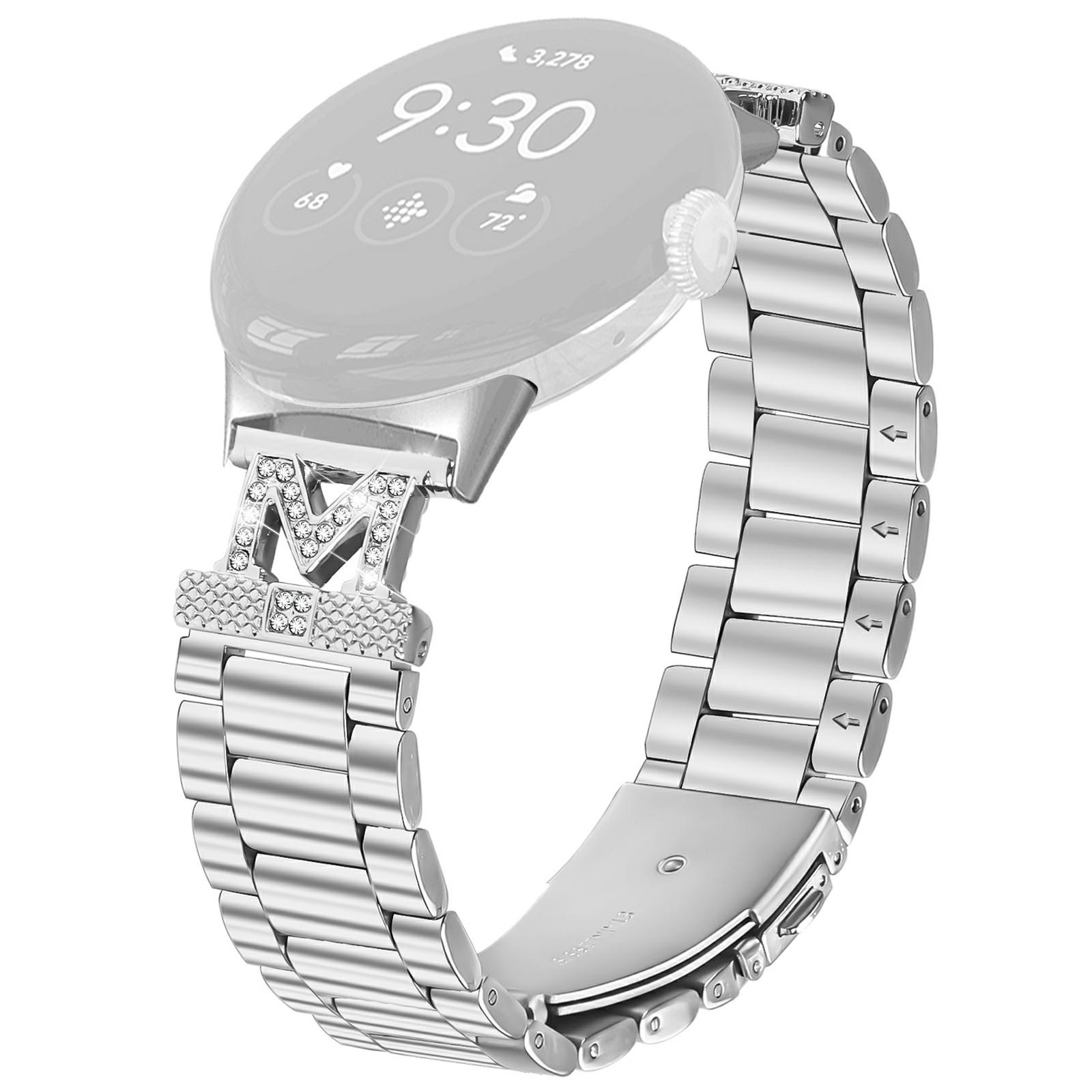 

For Google Pixel Watch 2/Pixel Watch Strap Rhinestones Decor 3-Bead Silver Stainless Steel Watch Band As shown A