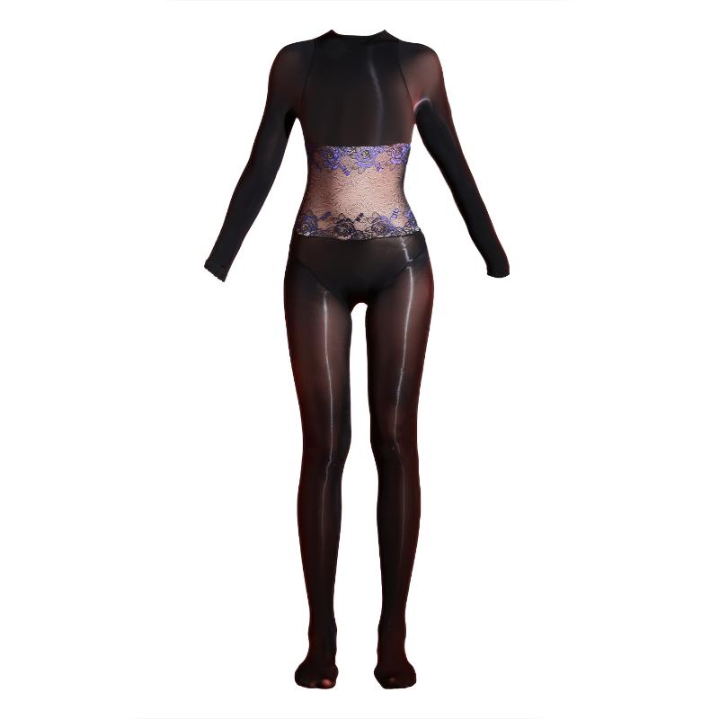Women's Body Jumpuit Lace Floral Waist Transparent Stockings Oil Shiny Glossy Ultra-Thin Bodysuit Seamless Bodystockings