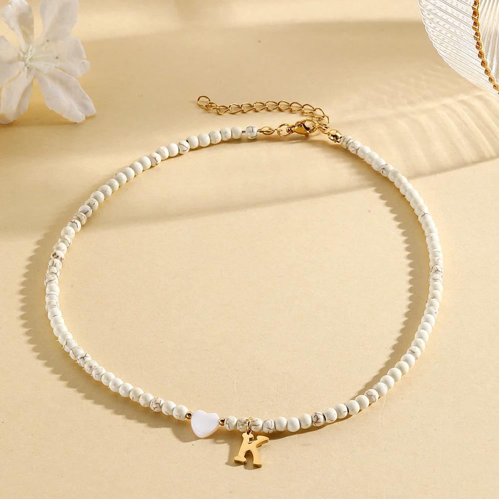 Bohemian Choker neck Initial necklaces heart-shaped shell letter pendant beads Women's stainless steel necklace woman trend2025
