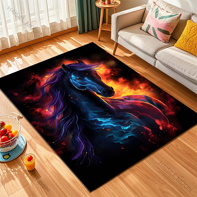 1PC Vibrant black horse with fire Print Carpet Rug for Living Room Bedroom Sofa Doormat Home Decor Non-slip Floor Mat