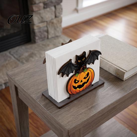 Wooden Tissue Holder Halloween Napkin for Table, Pumpkin Black Cat Bat Organizer Standing Dispenser, Paper Towel Stand Holiday Party Decor Desktop