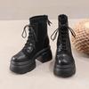 New Winter Thick Heel Cotton Boots for Women Round Head Suede Splicing Front Strap Thick Sole Non-slip Short Boots