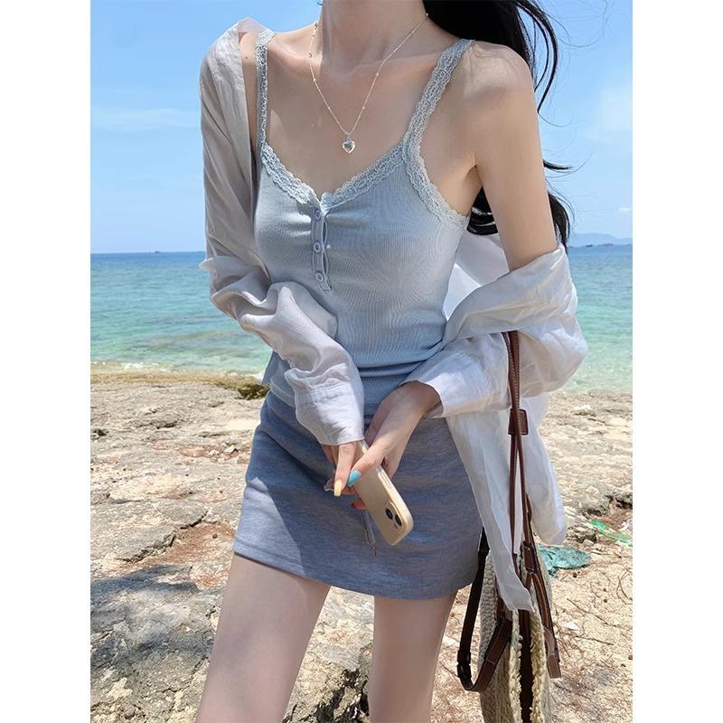 French Solid Color Simple Pure Lust Lace Sleeveless Top Elastic Slimming Off-shoulder Summer Women's Small Suspender Belt