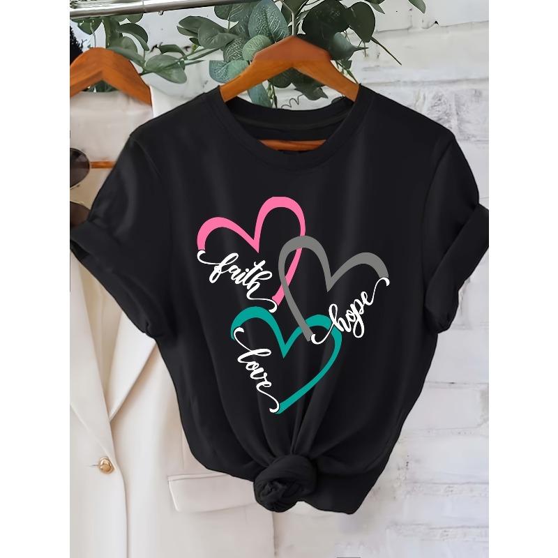 Faith Love Hope Letter Print T-shirt, Short Sleeve Crew Neck Casual Top, Polyester Elastane Blend, Regular Length, All Season, Knit Fabric,