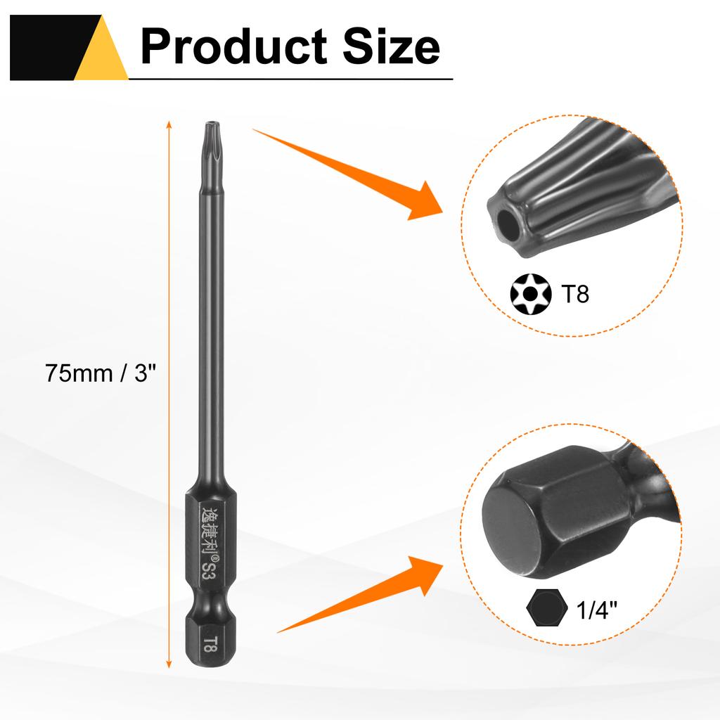 6pcs T6-T40 Torx Screwdriver Bit 1/4" Hex Shank 75mm/100mm S3 Steel Magnetic Tamper Proof Star 6 Point Head Hex Screw Driver Bit