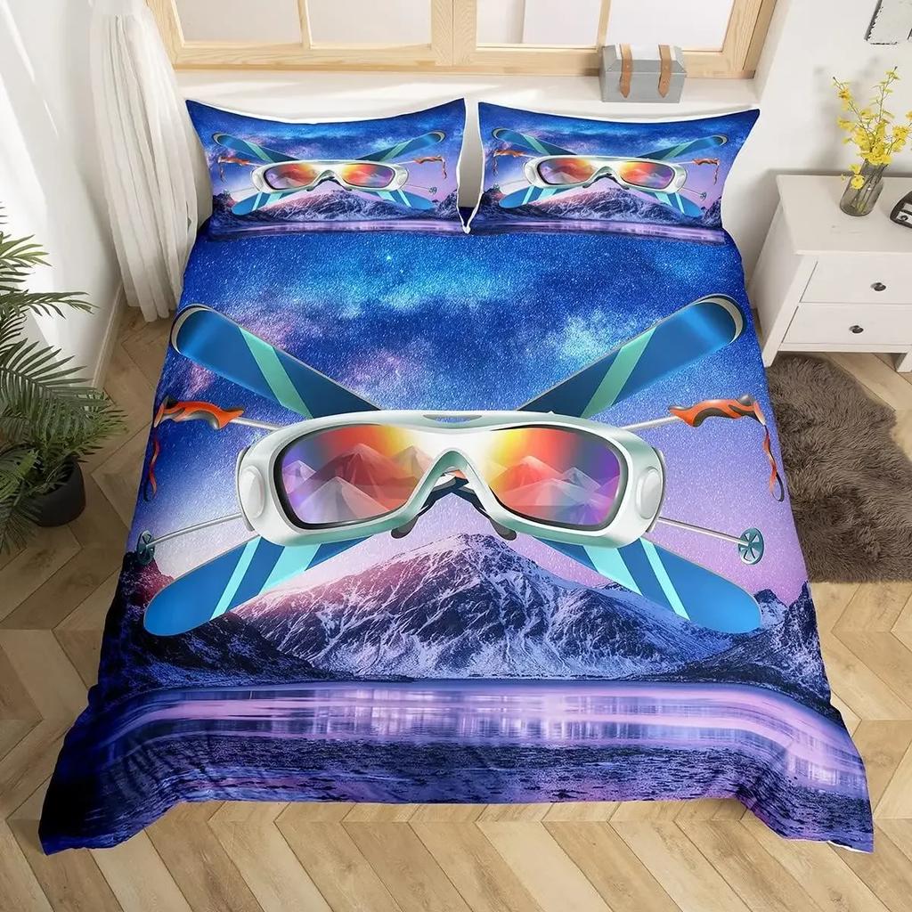 Ski Sports Duvet Cover Queen For Boy Teen Winter Sports Ski Theme Comforter Cover Microfiber Snow Mountain Landscape Bedding Set