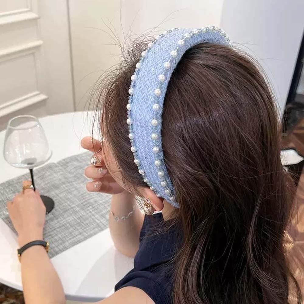 French Style Pearls Cloth Hair Hoop Rose Print Beige Blue Hair Band Beads Crystal Headband  Outdoor