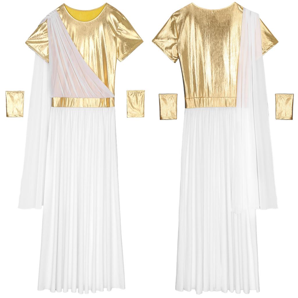 Roman Toga Costume for Men - Shiny Metallic Patchwork Tunic with Gloves & Wristbands, Halloween Dress Up