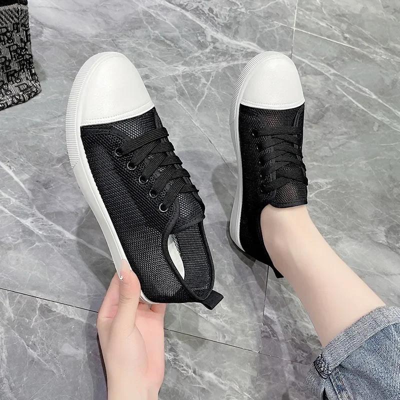 Women Mesh Breathable Vulcanize Shoes Summer Flat Soft Sole Shoe Casual Lace-Up White Sneakers Designer Zapatillas De Mujer
