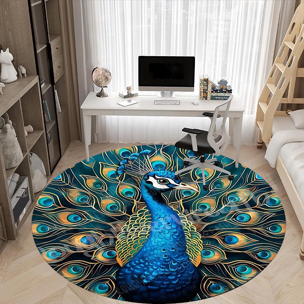 1pc Peacock Feather Office Round Area Rug, Under Office Chairs Bedroom Living Room Home Decor, Room Deco