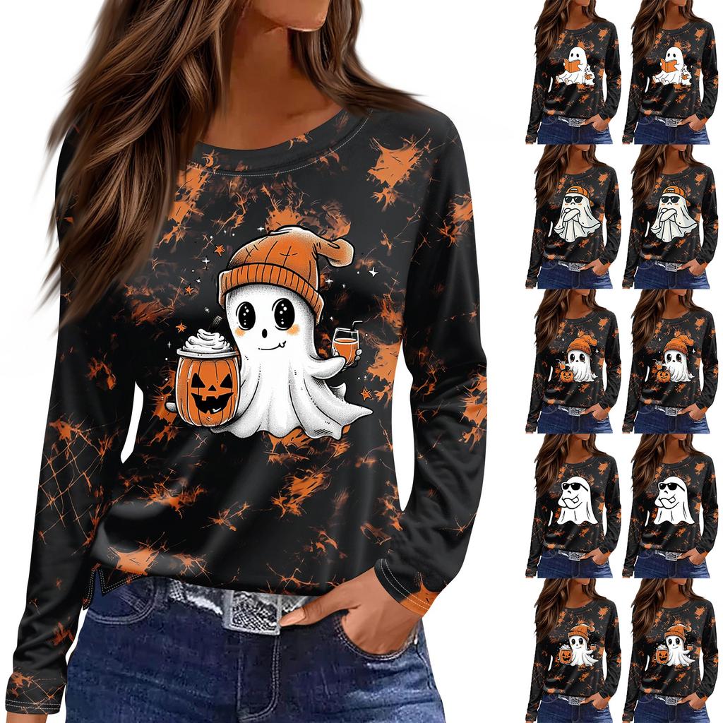 Women's Fashion Long Sleeve Tunic Top with Halloween Print and Side Slits - Round Neck Blouse for Party