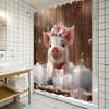 Verspielter Rosa Schwein Duschvorhang - Blumenkranz, Holzzaun & Badewanne, Weicher Cartoon-Stil, 180x180 cm, 12 Haken