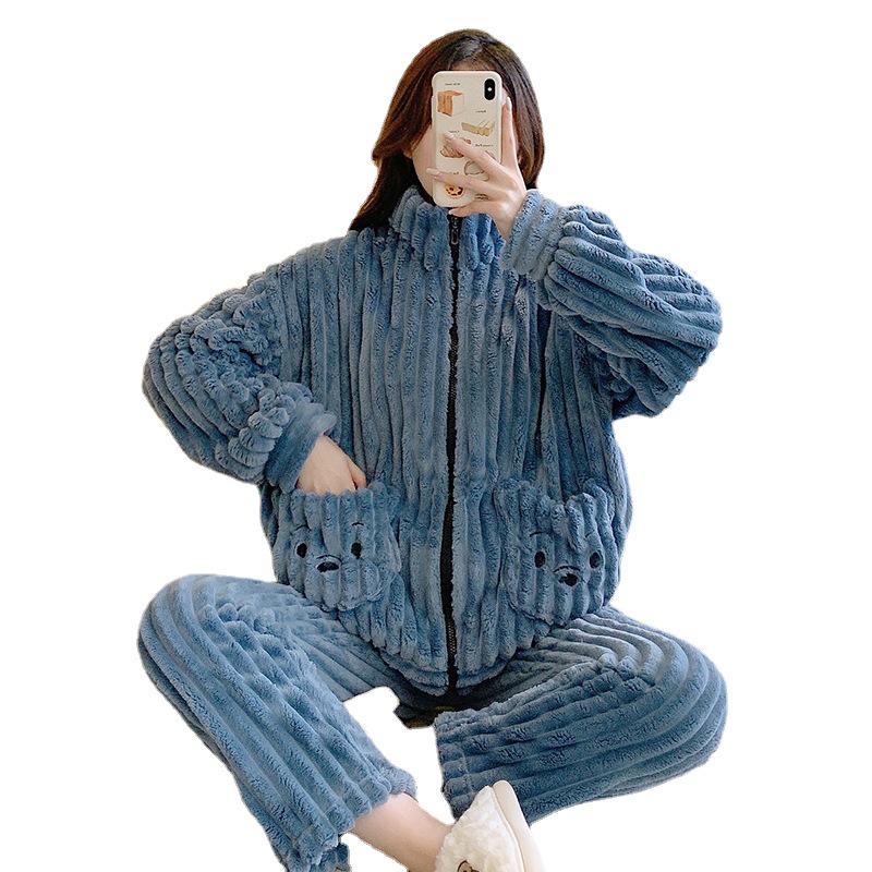 Cozy Coral Fleece Flannel Striped Loungewear for Plus Sizes (up To 220 Lbs) - Cute and Warm for Autumn and Winter