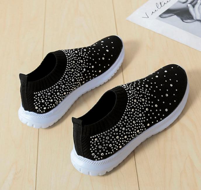 Women's Lightweight Breathable Mesh Elastic Casual Shoes Striped Rainbow Rhinestone Shoes