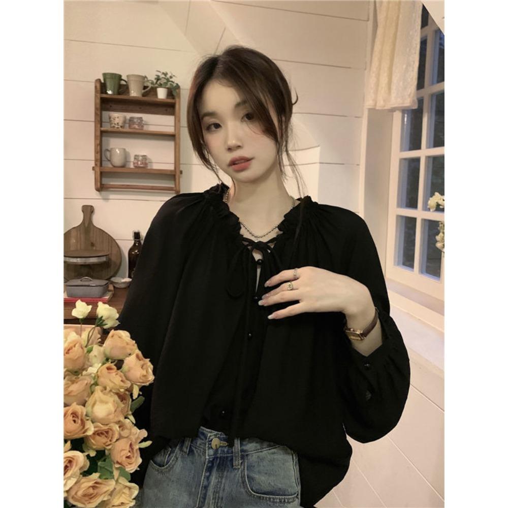 Dámská košile na šněrování ve francouzském stylu Nová šifonová dámská špičková stylová košile s dlouhým rukávem a krátkým volným topem