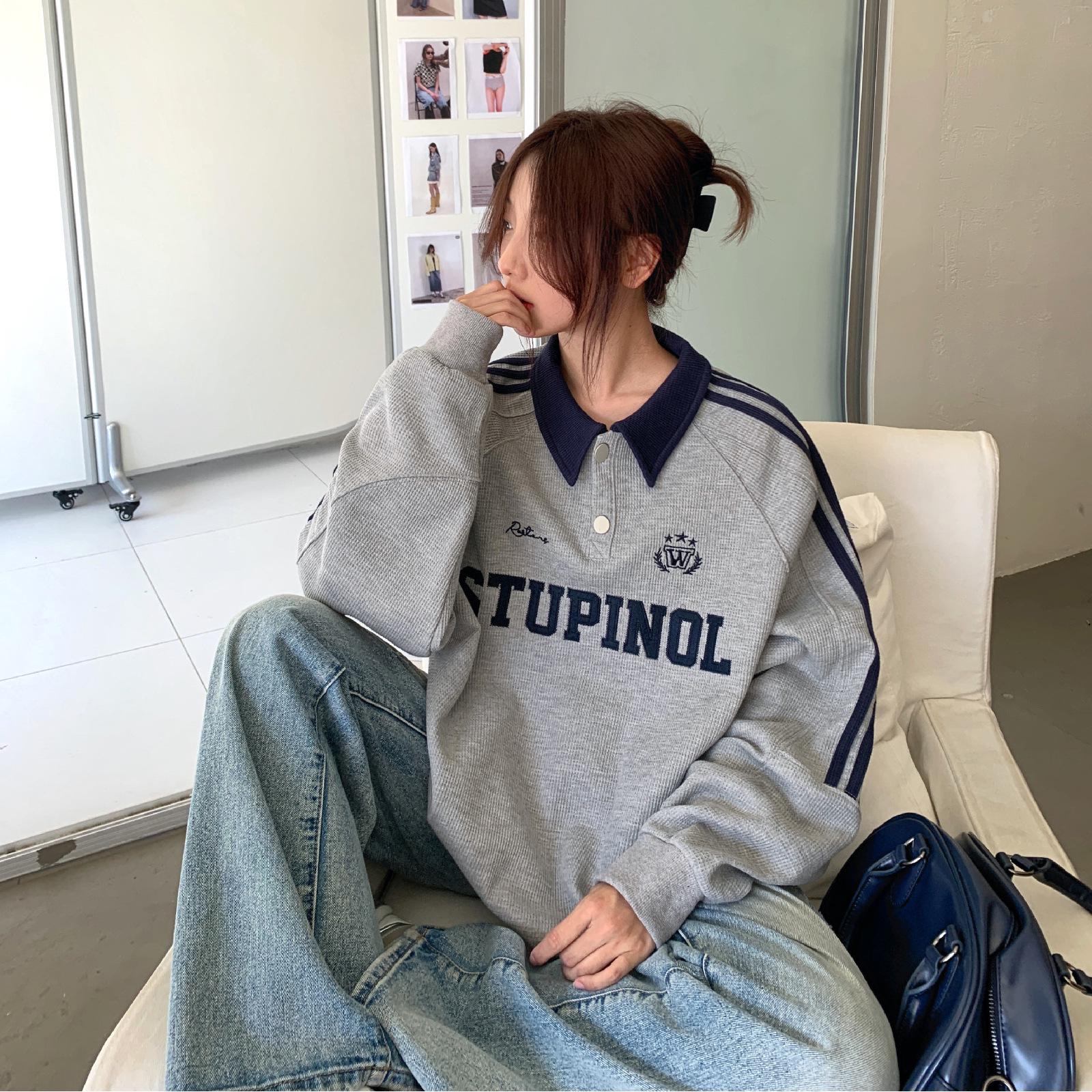 

Ретро Американская Толстовка Поло с Цветными Блоками L [Recommended for 100-125 lbs] серый