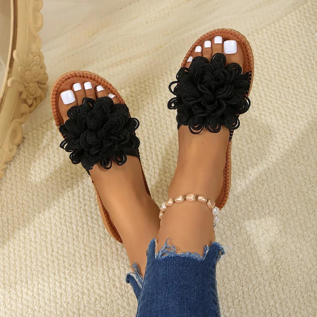 Fashion Women Flower Flat Slippers Casual Walking Shoes Female Summer Fashion Dress Sandals Outdoor Pink Shallow Zapatillas Mujer