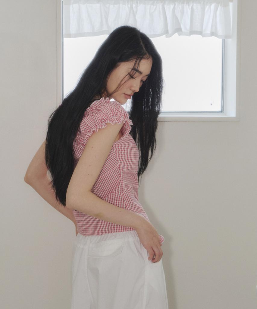 Seuteulaipeumagalin Silhouette Puff Shirred Lace Blouse Red