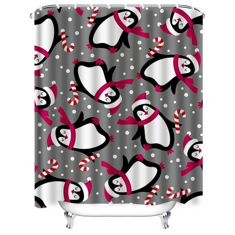 TU Penguin Shower Curtain Cute Winter Holiday Decor Festive Bathroom Set Waterproof Fabric Art
