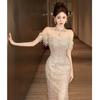 One-word Shoulder Evening Dress 1011 New Temperament Long Light Luxury Host Fishtail Engagement Banquet Sequined Dress