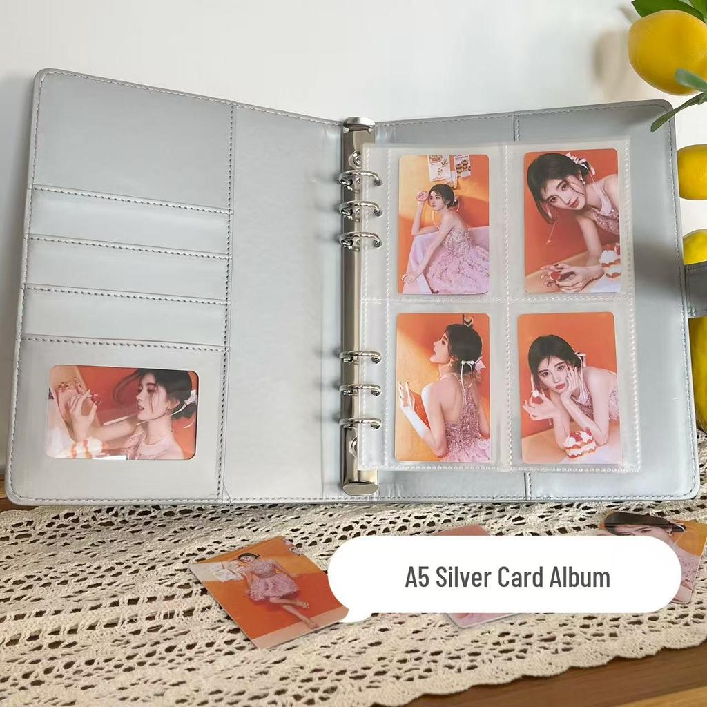 Xiaohongshu Stil Nische A5 Silber Kartenbinder: Lederalbum mit 4 Taschen zur Präsentation von Instax- und kleinen Karten