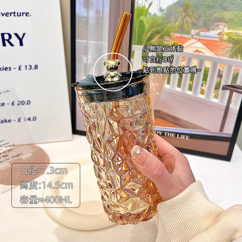 New 2026 Glass Water Cup Women s Coffee Cup With Lid And Straw Portable Home Tea Cup Office European-style Vintage Milk Cup 400ML янтарь