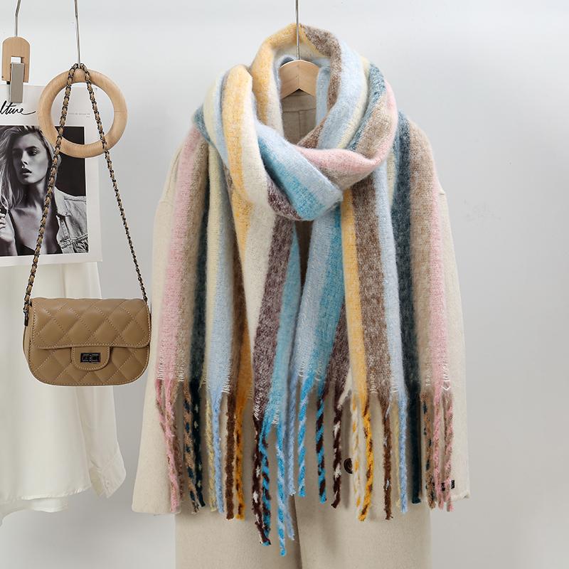 New Colorful Striped Cashmere Scarf Women Winter Warm Scarves Thickened Rainbow Tassel Neck Shawl Versatile Female Muffler