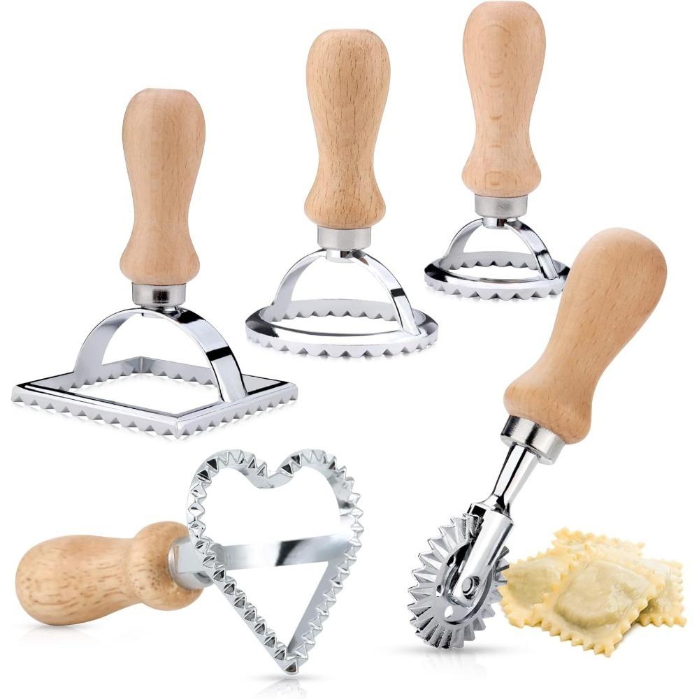 Ravioli Stempel Set, Ausstechformen mit Holzgriffen und geriffelten Kanten, geeignet für Ravioli, Pasta, Tortellini, Lasagne, Piroggen