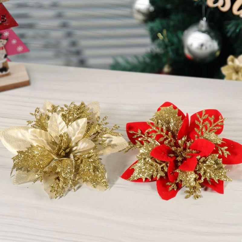 5Pcs Glitter Artifical Flowers 14Cm Fake Flowers Christmas Decoration Xmas Tree Ornament  Year Navidad 2026 Gift Accessory