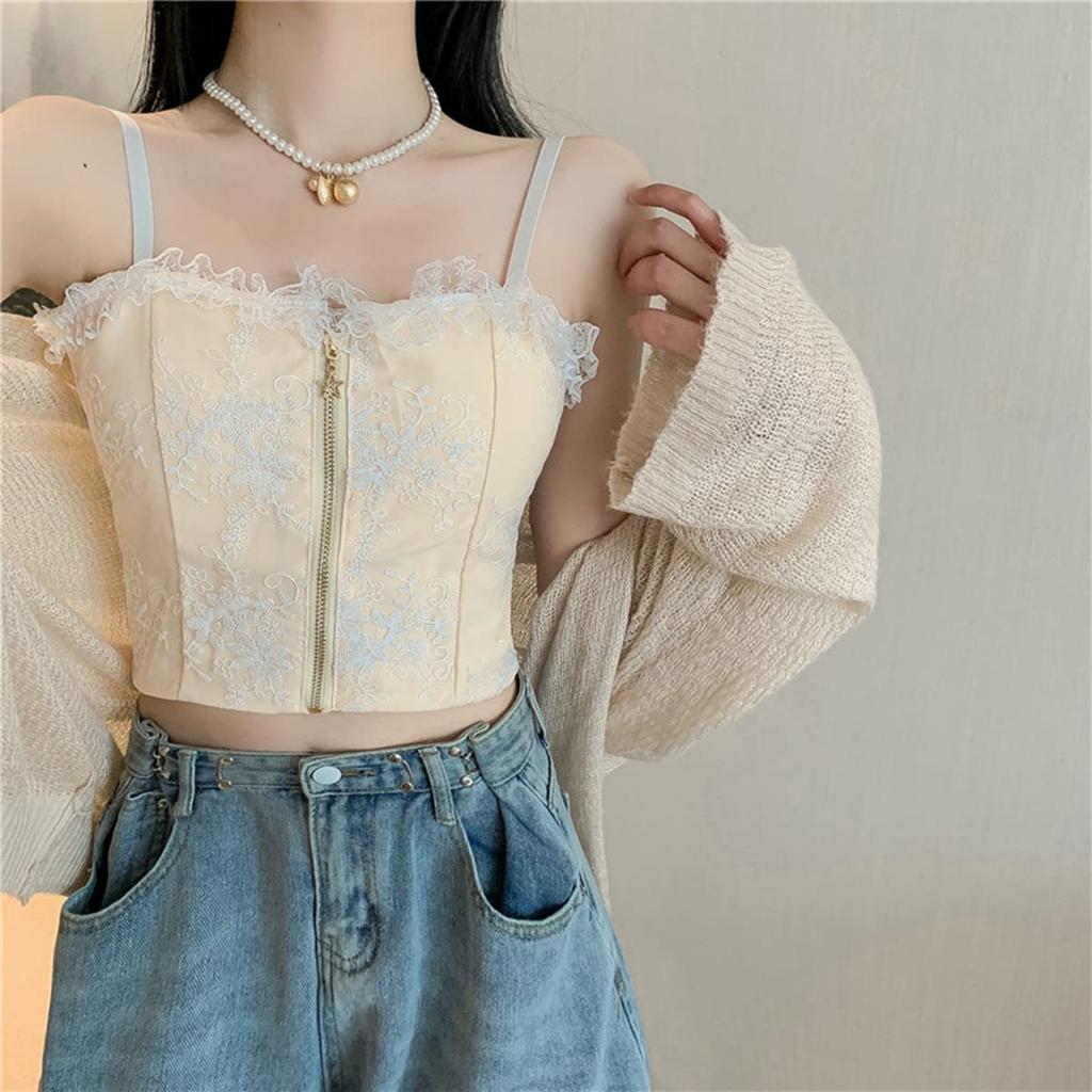 Weuiean Lace Camisole Top with Zippered Lace Tube Tank One Size Fits Women's Cups, Camisole, Top, Top, Most, LSL-013 (White)