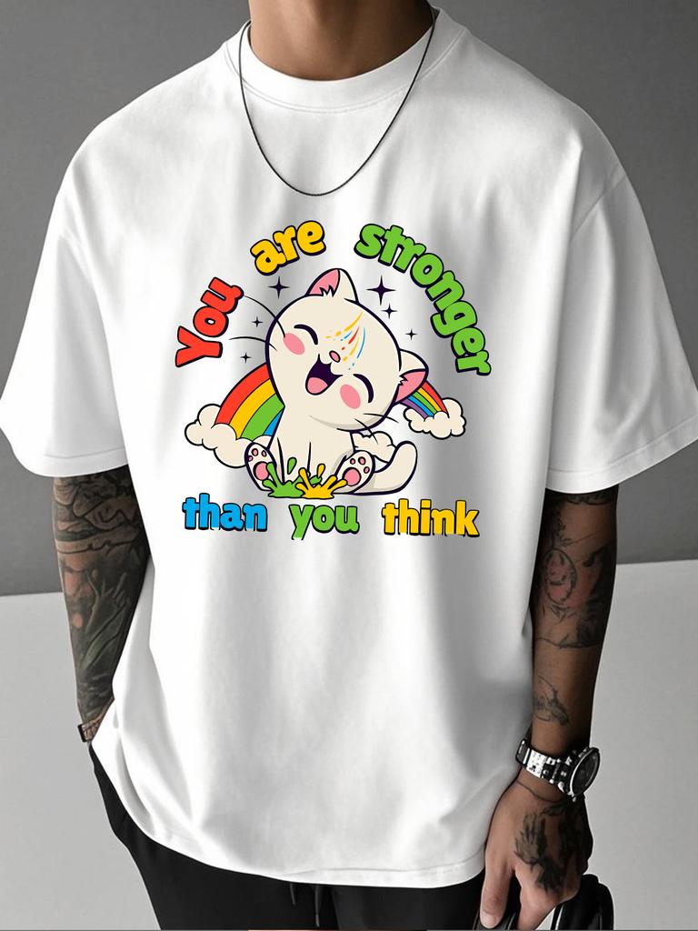 Unisex Summer Crew Neck T Shirt Cute Rainbow Cat You Are Stronger Than You Think Graphic Loose Short Sleeve Casual Streetwear Tops