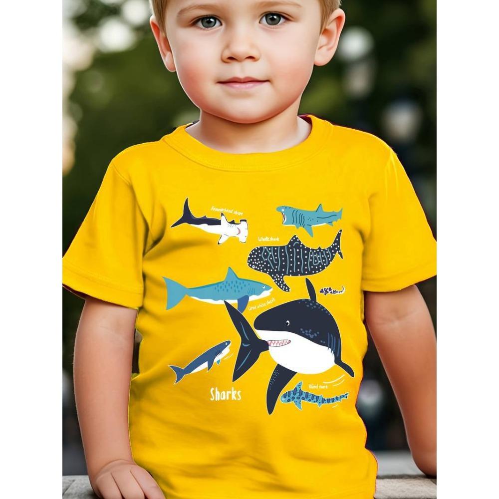 Boys' short-sleeved T-shirt with a round neck and a 3D summer fish print